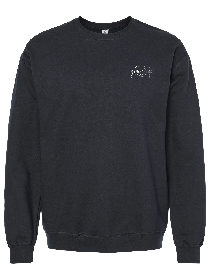 Gracie Rae Photography Camera Logo on Gildan Softstyle Midweight Crewneck Sweatshirt in Black