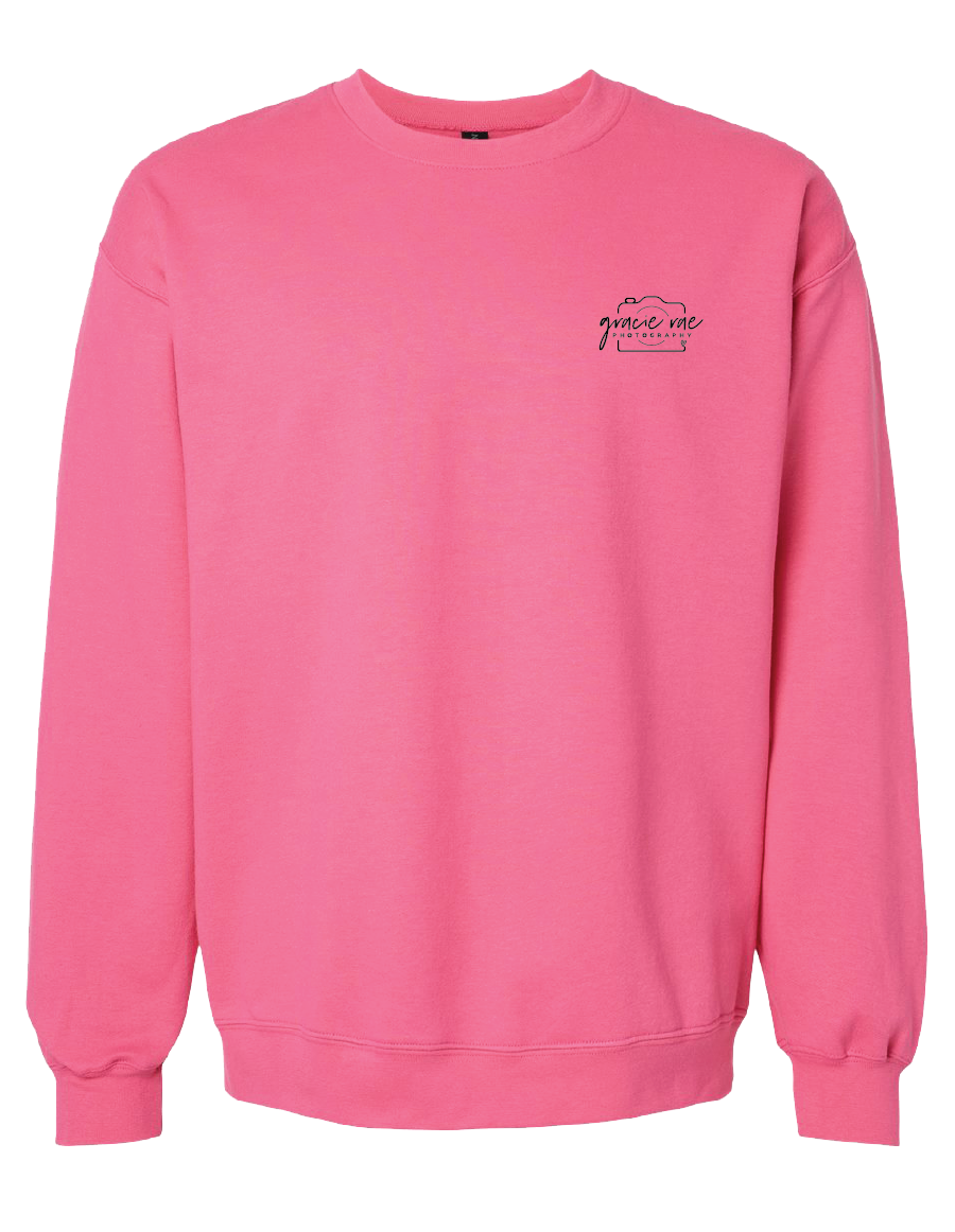 Gracie Rae Photography Camera Logo on Gildan Softstyle Midweight Crewneck Sweatshirt in Hot Pink