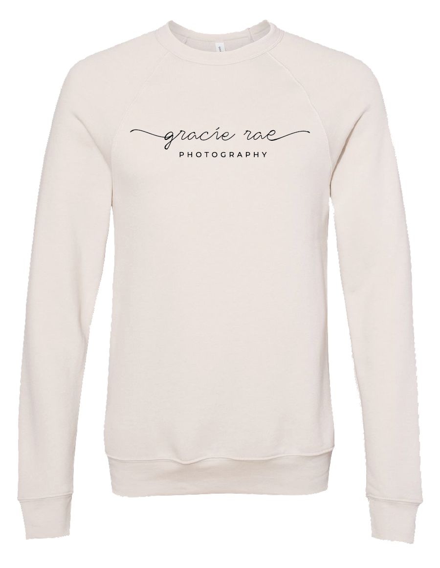 Gracie Rae Photography Script Logo on Bella Canvas Unisex Fleece Crewneck Sweatshirt in Heather Dust