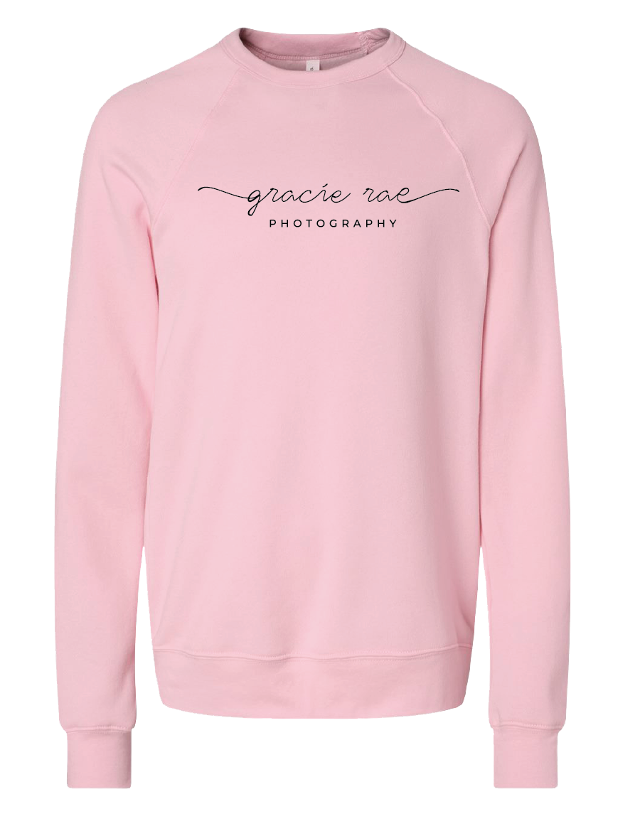 Gracie Rae Photography Script Logo on Bella Canvas Unisex Fleece Crewneck Sweatshirt in Pink