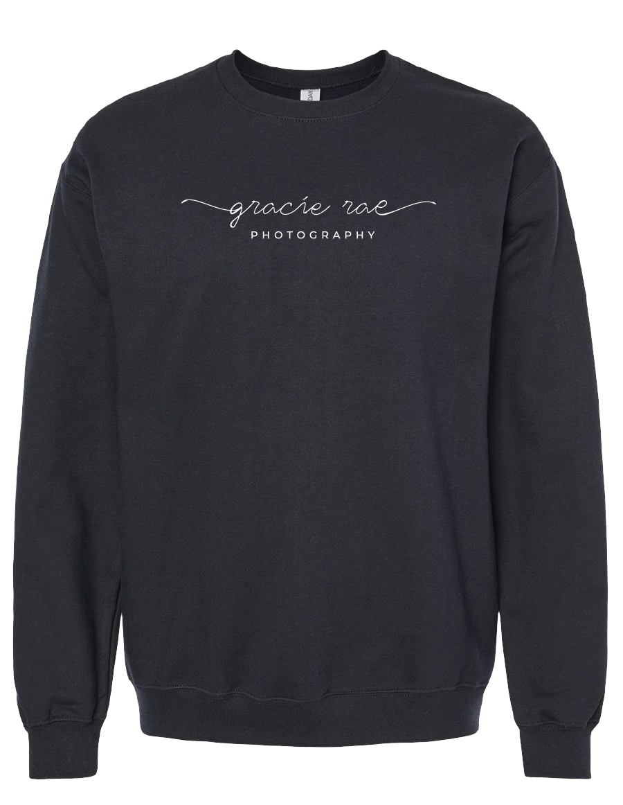 Gracie Rae Photography Script Logo on Gildan Softstyle Midweight Crewneck Sweatshirt in Black