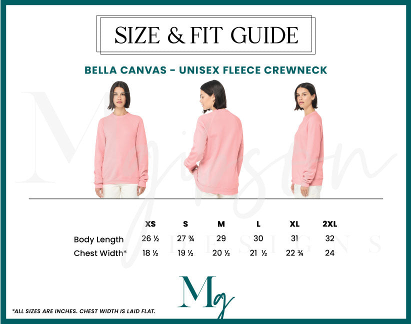 Size and Fit Guide for Bella Canvas Unisex Fleece Crewneck with Body Length and Chest Width when laid flat