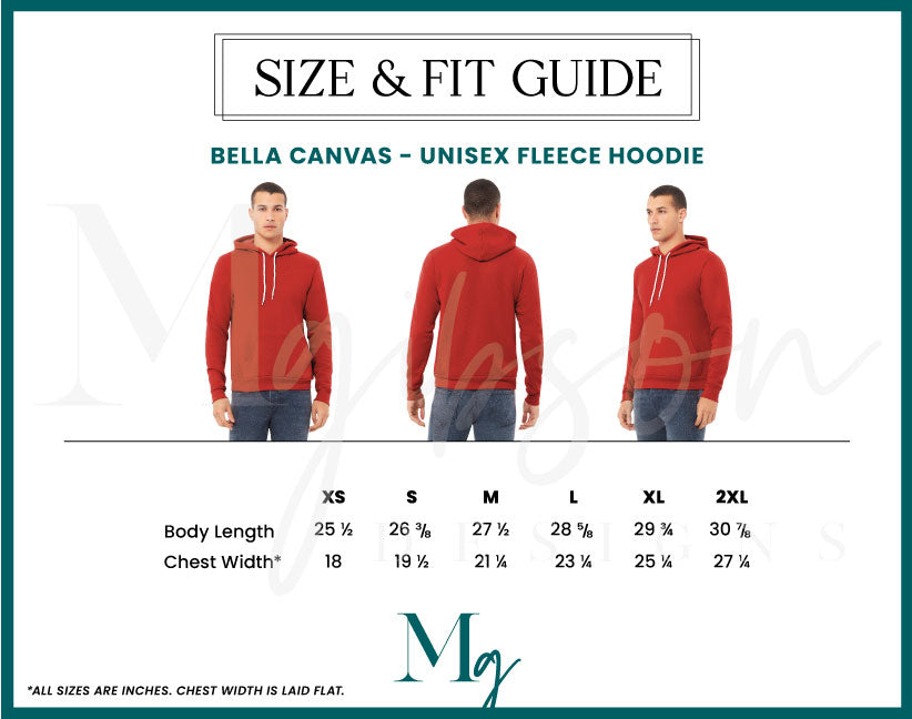 Size and fit guide for Bella Canvas unisex fleece hoodie with body length and chest width when laid flat