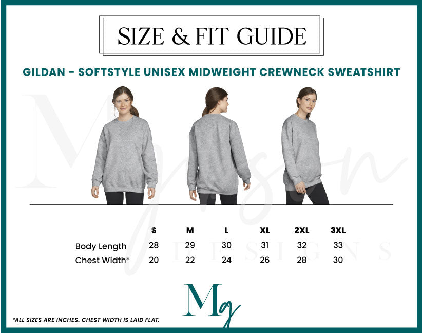 Size and Fit Guide Gildan Softstyle Unisex Midweight Crewneck Sweatshirt with Body Length and Chest Width when laid flat