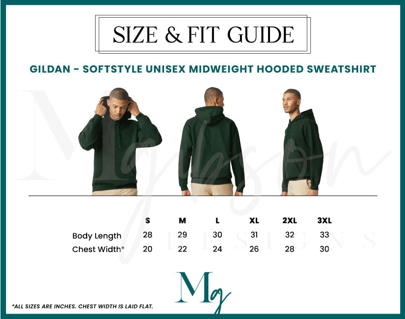 Size and Fit Guide Gildan Softstyle Unisex Midweight Hooded Sweatshirt showing Body Length and Chest Width when laid flat
