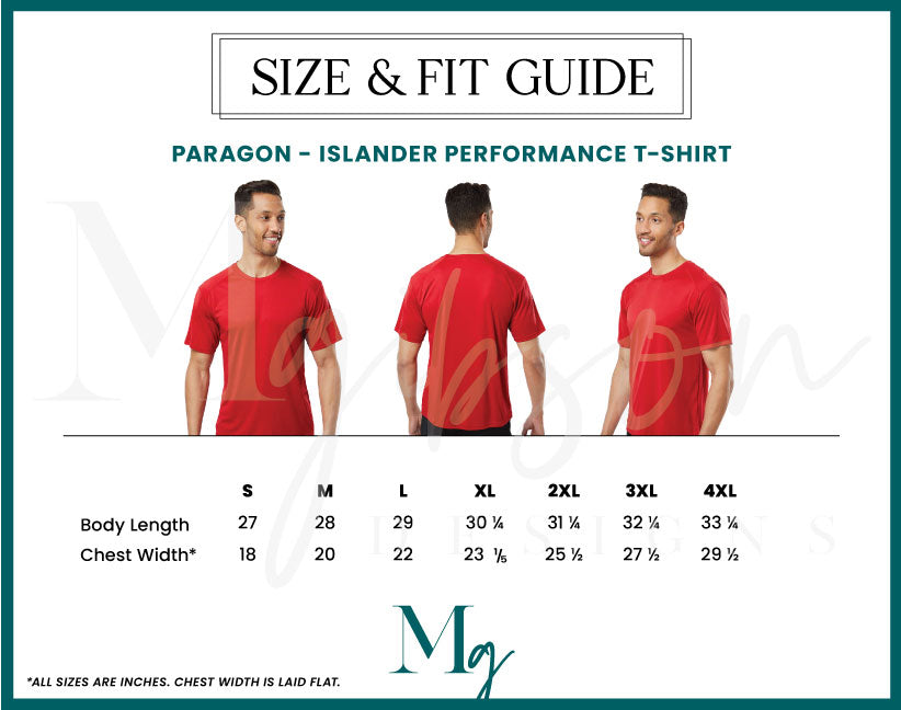 Size and Fit Guide for Paragon Islander Performance T-Shirt with specs for Body Length and Chest Width