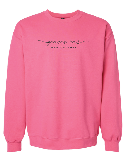 Gracie Rae Photography Script Logo on Gildan Softstyle Midweight Crewneck Sweatshirt in Pink Lemonade