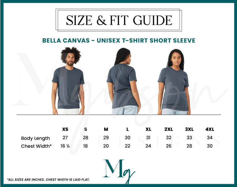 Size and Fit Guide Bella Canvas Unisex T-Shirt Short Sleeve showing Body Length and Chest Width in Inches