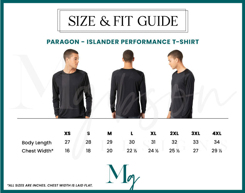 Size and Fit Guide Paragon Islander Performance T-Shirt 210 Body Length and Chest Width Specs